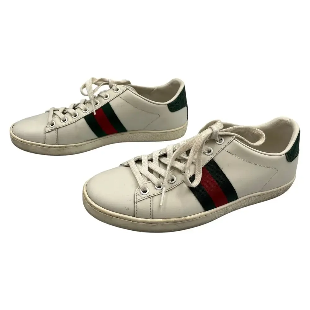 Gucci Sneakers Shoes Ace Web Stripe Leather Low Top White Red Green Size 38 / 8